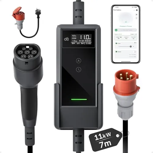 dé Mobile Wallbox 11kW con App, Cable de Carga Tipo 2 7 m, trifásico 6–16 A, Cargador para Coche eléctrico CEE 16A 400V con Potencia Ajustable, para ID.3/4/5/7, iX1, Model 3/Y y Otros EV/PHEV