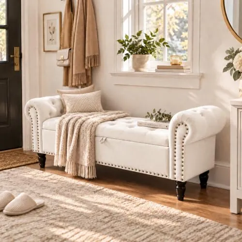 Clevich Banco de Almacenamiento, Banco para Ventana con Zapatero, Beige | Baúl Pie de Zapatero de Terciopelo, Banco Alargado Acolchado con Botones Capitoné, Ideal para Entrada o Vestidor