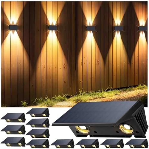 IIRARA Aplique Solar Exterior, Lámparas Solares Exteriores Arriba Y Abajo IP67 Impermeable,Luces Solares Exterior Jardín Inalámbricas De 4 Led Adecuadas Para Patio Balcón Valla 12*Blanco CáLido
