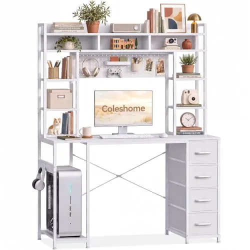 Coleshome Escritorio con Cajones y Estantería Superior, 120x50 cm, Blanco | Mesa Ordenador con 4 Cajones de Tela, Panel Perforado y Almacenamiento, Soporte para PC para Oficina, Estudio y Dormitorio