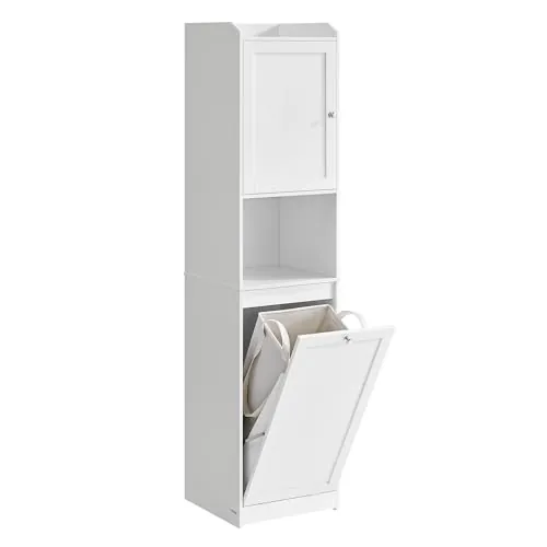 VASAGLE Armario de Baño, 1 Puerta, 1 Estante y 1 Cesta de Ropa Sucia | Bolsa Interior Extraíble con Asas, 40 x 40 x 170 cm, Blanco Nube, Colección SIREN BBC761W01