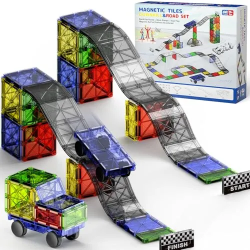 Juego de construcción magnético 2 en 1 para pista de carreras y carreteras, juego de 40 piezas con coches Montessori juguetes educativos a partir de 3 años, juguete sensorial creativo para niños y