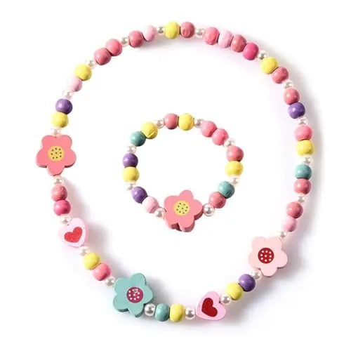 KSJEHW 2 piezas joyas niña, pulseras niña, juego de joyas infantiles de madera, collar y pulsera de colores, regalo para cumpleaños, fiestas y accesorios (flor 2)