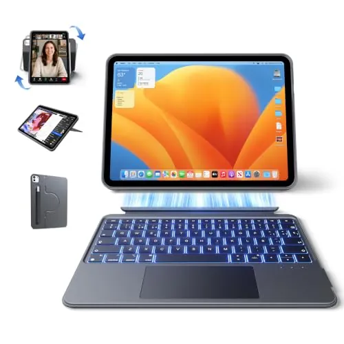 HOU Funda con teclado giratorio 360° y extraíble para iPad A16 y 10.ª gen | ‌‌Soporte ajustable,vertical y horizontal,portalápiz, trackpad multitáctil,retroiluminación 7 colores,funda integral,negro
