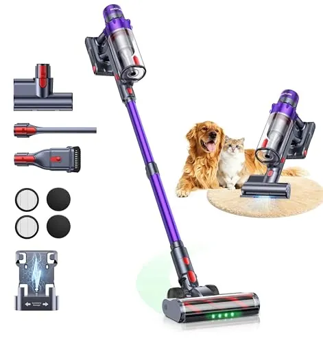 50KPA/600W/65Min(ECO) VAC02 Mejorada Aspiradora sin Cable, Aspiradora Vertical con Cepillo para Colchón, Modo Automático, Cepillo Anti-Enredo, Luz Verde, Fragancia, Carga Mural para Suelos y Alfombras