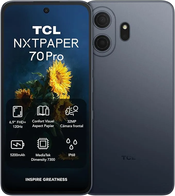 TCL NXTPAPER 70 Pro Smartphone 5G - Azul | Pantalla 6,9" FHD+ 120Hz NXTPAPER 4.0 | CPL Antirreflectante | Protección Ocular | Cámara 50 MP OIS | 8 GB + 512 GB | Dimensity 7300 | MuseFilm