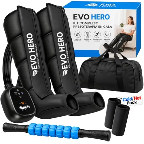 EVO HERO Kit Completo Presoterapia para Casa con Rodillo Masajeador y Compresas Frío/Caliente - Botas de Presoterapia Piernas con Pre y Post Tratamiento - 4 Modos Automáticos 4 Manuales y 3 Potencias