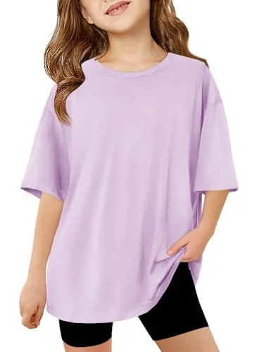Haloumoning Camiseta de manga corta para niña de verano de gran tamaño, cuello redondo, informal, informal, deportiva, monocolor, camisetas básicas para niñas de 5 a 14 años, violeta claro, 150