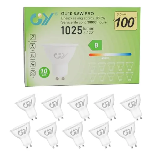 GY Bombilla LED GU10 6.5W (Eq. 100W) 1025LM 6500K Blanco Frío, No Regulable, 110 Grados Ángulo de haz - Bombillas GU10 LED Pack de 10