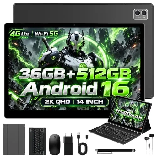 DOFACESH 2K Android 16 Tablet 14 Pulgadas, 36GB RAM, 512GB ROM (2TB Expansion), 4G SIM LTE & 5G WiFi, 2000 * 1200FHD, 11580mAh, Octa-Core 2.0GH, 13MP+8MP, Tableta con Teclado/GPS/Bluet 5.0-Negro