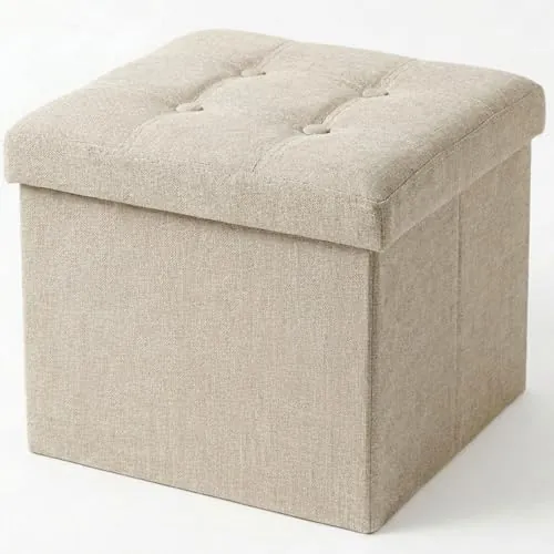 edihome, Puff Almacenaje Plegable, (38 x 38 x 38cm), Baul, Otomana con Tapa – Banco de Tela Organizador y Asiento para Dormitorio y Pie de Cama (Beige Tostado, 38 x 38 x 38 cm)