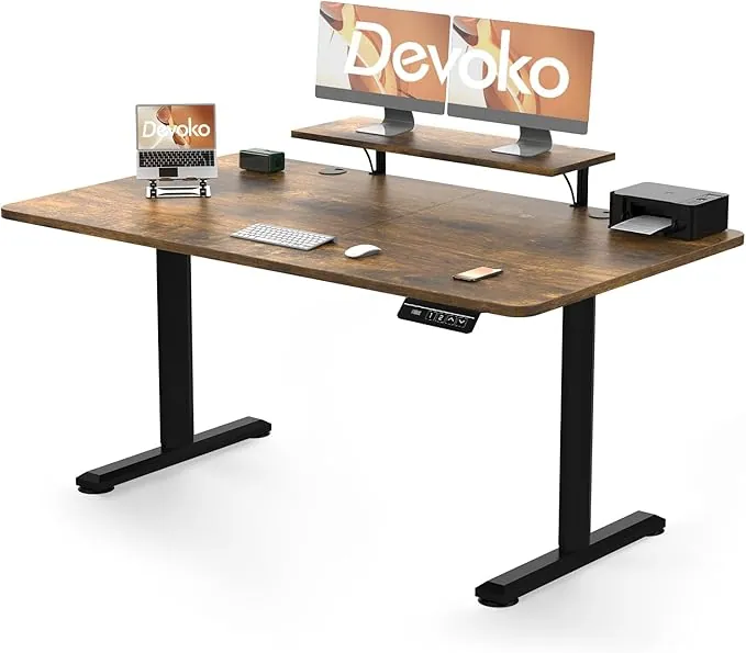 Devoko Escritorio Elevable Eléctrico con Tablero 160 x 70cm, Escritorio Regulable en Altura 73-118cm, 2 Opciones de Memoria Inteligente para Estudiar, Trabajar(160×70cm,Marrón)