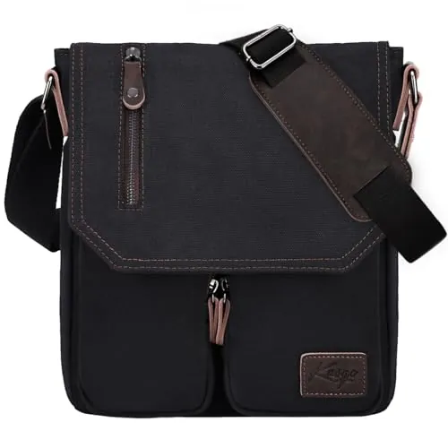 Kasgo Bandolera Hombre Pequeña, Bolso Lona Unisex Bolsa Mensajero Retro Bolso de Hombro Resistente al Agua Bolsos Cruzado Vintage Bolsos Messenger Casual para Escuela Trabajo Viajes (Negro)