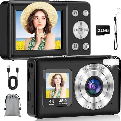 Cámara Digital 4K【2 Pantalla】 - 32 GB, 48 MP, Ultra HD Autoenfoque Cámara Digital Compacta, Pantalla LCD Trasera de 2,4" y Frontal de 1,3", Zoom 18X, para Vlogs, Principiantes, Viajeros