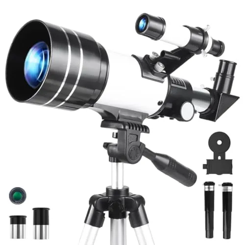 Misilmp Telescopio para Adultos, 70mm Apertura 300mm Telescopios para Principiantes Astronomía con Lentes, Visor, Trípode, Soporte Móvil, Portátil Refractor Telescopio para Niños & Adultos (Blanco)