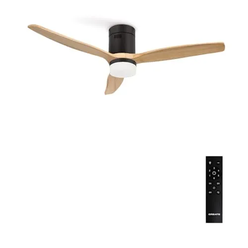 CREATE/WINDCALM/Ventilador de techo ABS con luz negro aspas efecto madera clara y mando / 40W, Silencioso, Ø132 cm, 6 velocidades, 3 temperaturas de luz, temporizador, función verano-invierno