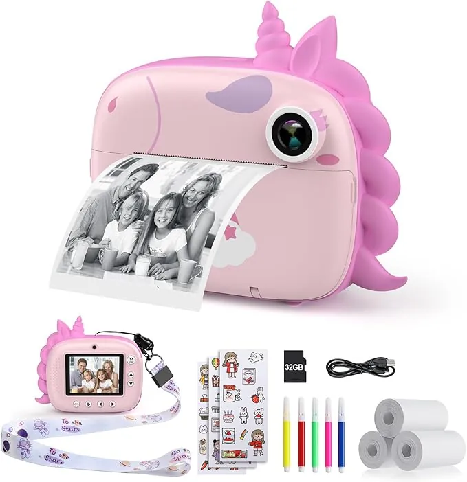 HiMont - Cámara infantil digital instantánea con papel de impresión y tarjeta TF de 32 GB, cámara de vídeo, lápices de colores, clips de fotos para manualidades, regalo, de 3 a 14 años, color rosa
