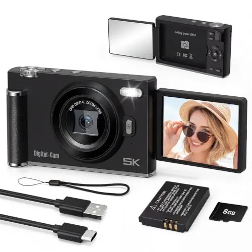 Cámara Digital 5K Selfies Pantalla 180° con Espejo para Principiante Negro