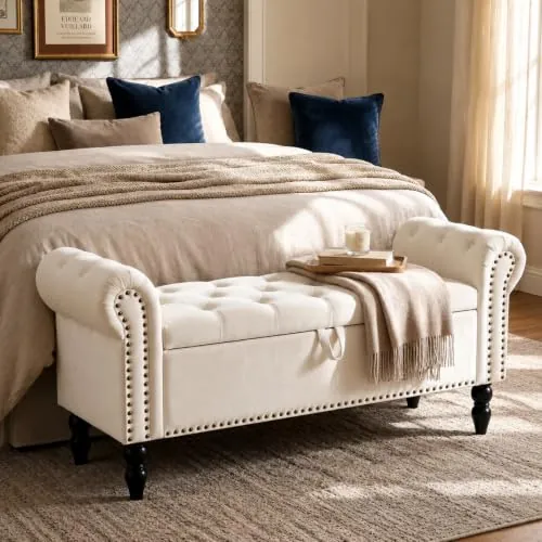Clevich Banco con Almacenaje 133 cm con Pistón de Gas, Samt, Beige