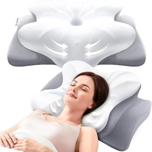 MOONYIN Almohada de Espuma Viscoelástica, Cojín para Cuello y Viaje | Almohada Mariposa 3 en 1 para Dormir de Lado, Boca Arriba o Boca Abajo, Almohada de Cuello, con Funda Fresca y Suave