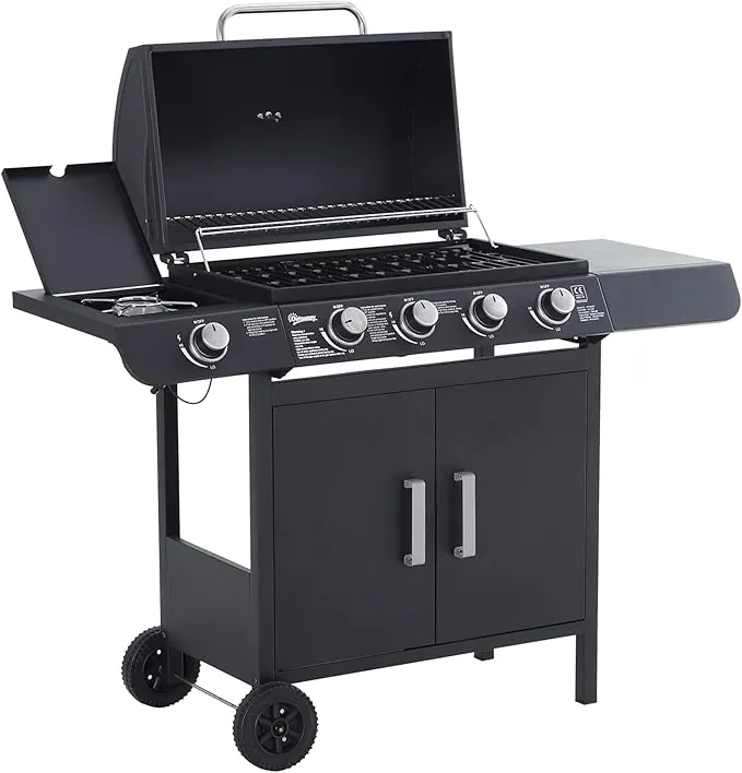Outsunny Barbacoa de Gas con 4+1 Quemadores 14,4 KW Mesas Laterales Armario de Almacenaje Termómetro y 2 Ruedas Acero Inoxidable BBQ 125x51x100 cm Negro