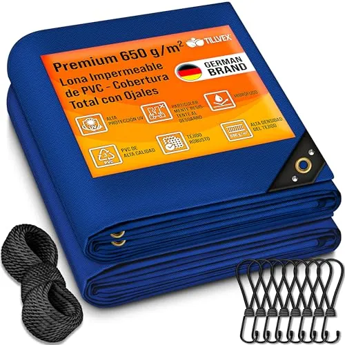 tillvex® Lona Con Ojales + 10 Ganchos y Cuerda de 15 m, 650 g/m² Exterior, Impermeable y Al Desgarro, PVC Universal Para Camiones, Piscinas, Muebles de Jardín, Cubierta
