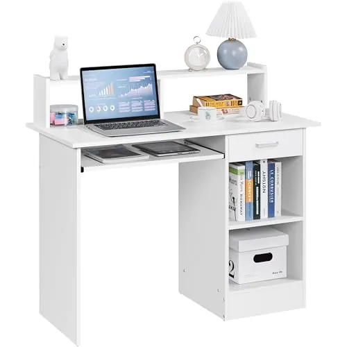 Yaheetech Mesa Escritorio de Ordenador con Estanteía y Cajón Color Blanco