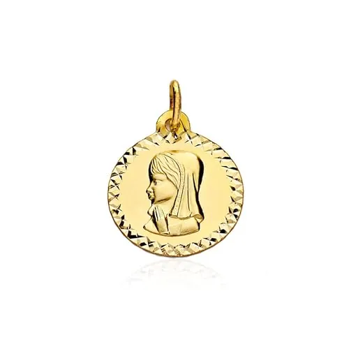 Monde Petit Medalla Oro Amarillo 9K Personalizada Virgen Niña Redondo Mate y Brillo 16 x 16 mm - Certificado Garantía - 1283