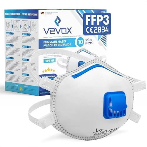 VEVOX® Mascarilla FFP3 – Lote de 10 – Mascarillas antipolvo con válvula para el trabajo, para pintores y para alergia – Protección contra el polvo fino, el moho y el amianto