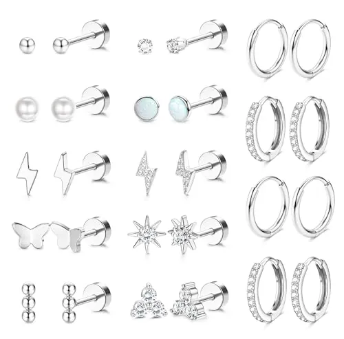 Morfetto 14Pares Pendientes Acero Inoxidable Mujer - Hipoalergenicos Piercing Tragus Helix Cartílago Juego De Aros Con Tachuelas Pequeños Pendiente Dorados Oro