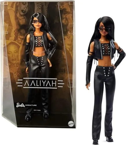 Barbie Signature Aaliyah Muñeca coleccionable con un conjunto de cuero sintético negro inspirado en el videoclip 'One in a Million', HRM80