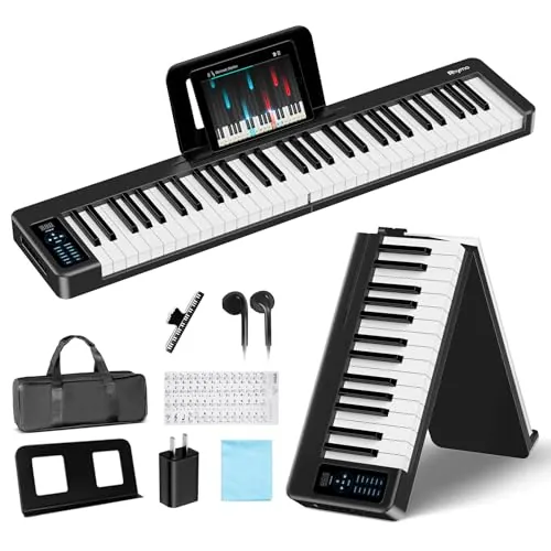 Rhymo Teclado Piano Plegable, 61 Teclas Piano Eléctrico Sensible, Teclado Eléctrico Portátil Contrapesado con Bluetooth MIDI, Teclado Digital Plegable para Principiantes, Viajar