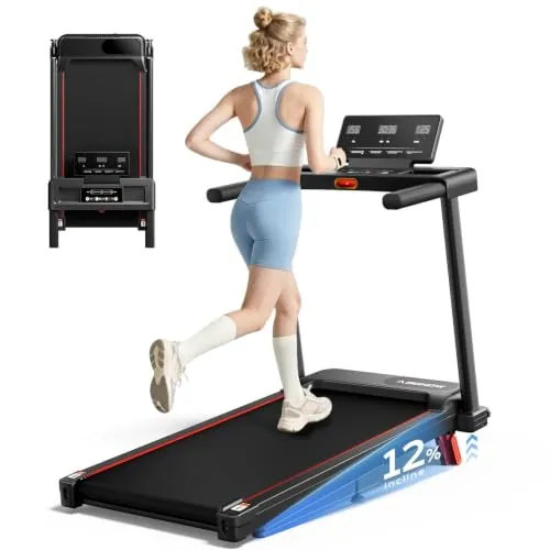 Abonow 12% Cinta de Correr Plegable con Inclinación 10KM/H, Cinta de Andar Plegable 3.0HP, Caminadora Electrica para Casa con LED Táctil, Sistema Amortiguador,con pasamanos, Soporte 136KG
