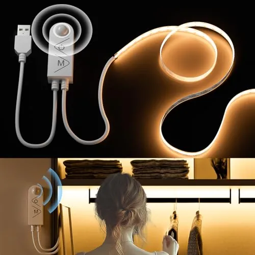 PAUTIX USB 5V COB LED Tira con Detector de Movimiento Blanco cálido 2700k 2M,640LEDs Regulable CRI90+ Cinta LED para Escaleras,Habitaciones Infantiles,Armarios,Iluminación de Lámparas de Cama