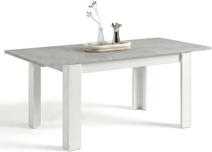 duehome | Mesa de Comedor Extensible, Mesa Rectangular, Modelo Sira, Acabado en Blanco Artik y Gris Cemento, Medidas: 123-173 cm (Largo) x 75 cm (Ancho) x 78 cm (Alto)