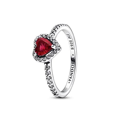 Pandora Timeless Anillo con diseño de corazón de plata de ley con cristal rojo cereza jubileo y circonitas cúbicas transparentes, talla 52