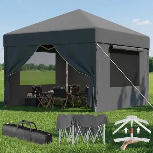 DEVOKO Carpa plegable con ventanas de malla ventilada,pabellón impermeable y resistente al invierno de3x3m,carpa plegable con laterales, protección UV50+carpa para fiestas en jardines patios y camping