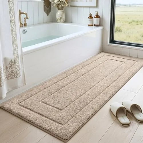 DEXI Alfombra Baño Antideslizante 60 x 150 cm, Alfombrilla Baño Súper Absorbente, Alfombras Bañera de Microfibra Ultra Suave y Cómoda, Lavable a Máquina, Beige