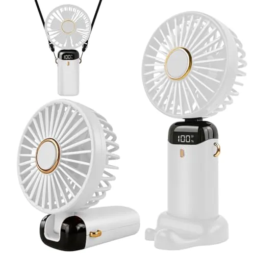 Jsdoin Ventilador de mano portátil, 5 velocidades recargable por USB,funciona con pilas, ventilador plegable de escritorio con pantalla LED para el hogar,oficina,dormitorio,viajes al aire (Blanco)