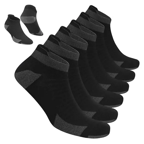 BLITZSOX Calcetines Deportivos Hombre para Correr Tobilleros Acolchados Transpirables Algodón Calcetines Cortos, Pack de 6 (43-46, Negro)