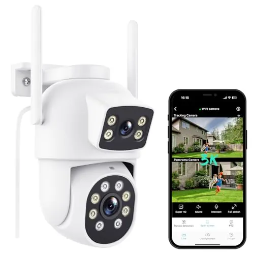 Reobiux 3K Camara Vigilancia WiFi Exterior con Doble Lente, 6MP Cámara IP PTZ Exterior, Detección Humana, Visión Nocturna en Color, Audio Bidireccional, Grabación Continua 7/24, IP66