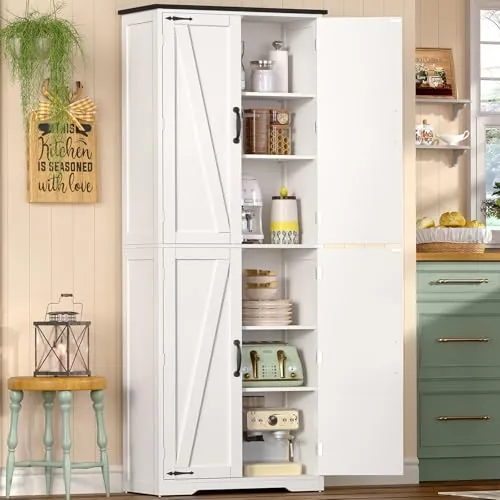 TEENFON 170 cm Alacena de Cocina, Armario Alto con 4 Puertas de Granero, Armario de Cocina con 2 Estantes Fijos & 2 Estantes Ajustables, para Comedor, Sala de Estar, Baño - 30x60x170 cm - Blanco