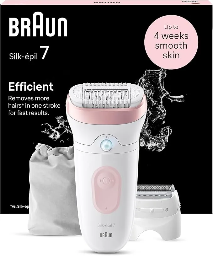 Braun Silk-épil 7, Depiladora Eléctrica Mujer Para Una Eliminación Del Vello Fácil, Depilación En Seco Y En Mojado, Con Cabezal De Rasuradora, Piel Suave Duradera, 7-030, Blanco/Flamenco