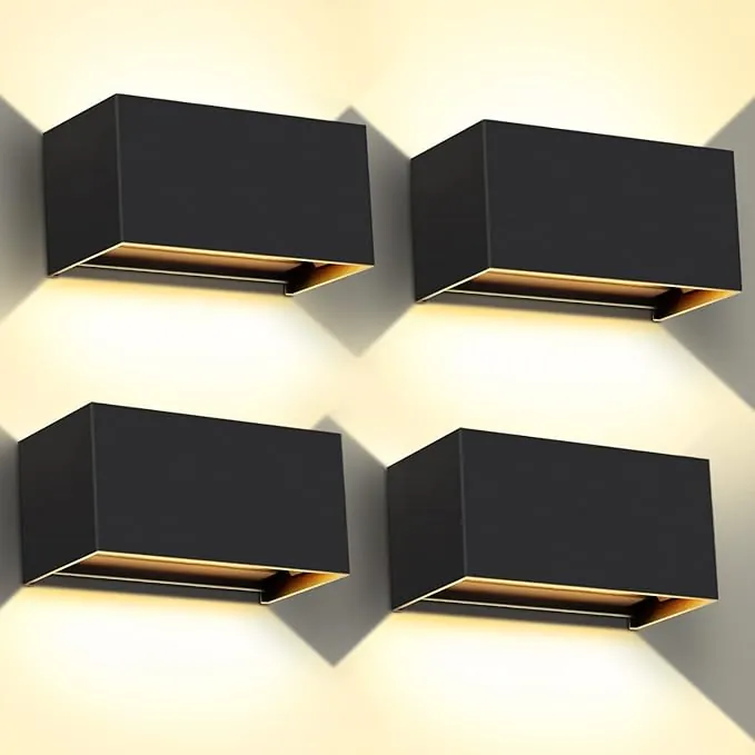 Kingwen 4 Piezas LED Aplique Pared Exterior/Interior 20W Aplique Exterior Pared 3000K Blanco cálido Ángulo de haz Ajustable Interior Negro IP65 Impermeable