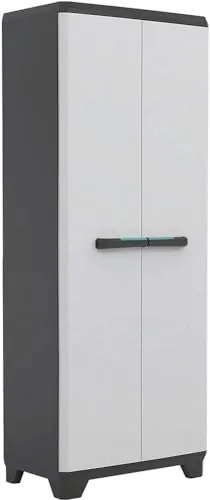 Keter Armario Linear Escobero|Armario Escobero de almacenaje|Resina|2 Puertas y 3 baldas|Color Negro/Gris,Tiradores En Azul|68 x 39 x 173 cm