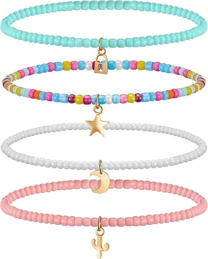 Jadive 4 Piezas Tobilleras con Cuentas en Capas Bohemias de Verano Pulsera de Tobillo de Cadena de Cuentas de Colores Elásticos Tobilleras Bohemias Estéticas para Mujeres