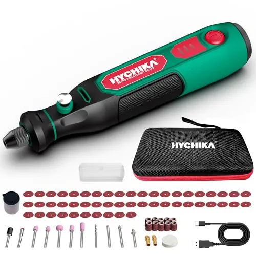 HYCHIKA 3,6V Mini Amoladora Eléctrica Bateria，Con 77 Accesorios para Taladrar, Lijar, Pulir, Grabar，Mini Taladro Eléctrica con Velocidad Ajustable y Carga Tipo-C，Herramienta Rotativa Ideal para DIY
