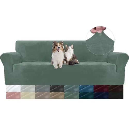YSTELLAA Terciopelo Fundas Sofa 4 Plazas, Súper Elasticas, Verde Claro | Ajustables Fundas Sofa Elastica, Con Reposabrazos, Lavable, Antiarañazos, Universales, Gruesa Antimanchas