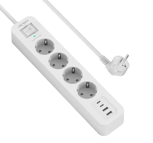 JSVER Regleta Enchufe,4 Puertos de USB(3 USB A+1 USB C) y 4 Tomas Regleta Proteccion Sobretension Enchufe Alargador Multiple Carga para iPad iPhone Tablets Cable 2m-Blanco