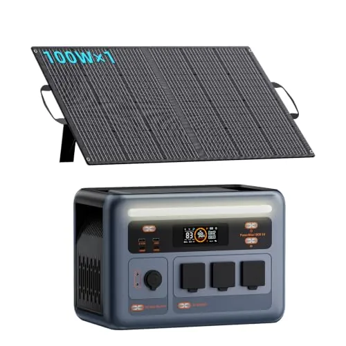 PowerMax 1800SE Estación de Energía Portátil 1800W con 1 Panel 100W, 1024Wh Batería LiFePO4, 3x Tomas AC, 0-80% in 45min, Power Station para Camping/Caravana/Emergencias